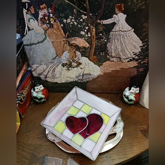 Handmade Stained glass heart ❤️💖 Candy 🍬 Dish Pink/Yellow and Red🥣Nice!🏘🎁 - Picture 7 of 11